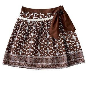 Trina Turk Embroidered Multi Pattern Faux Wrap Skirt 8 Brown Cream